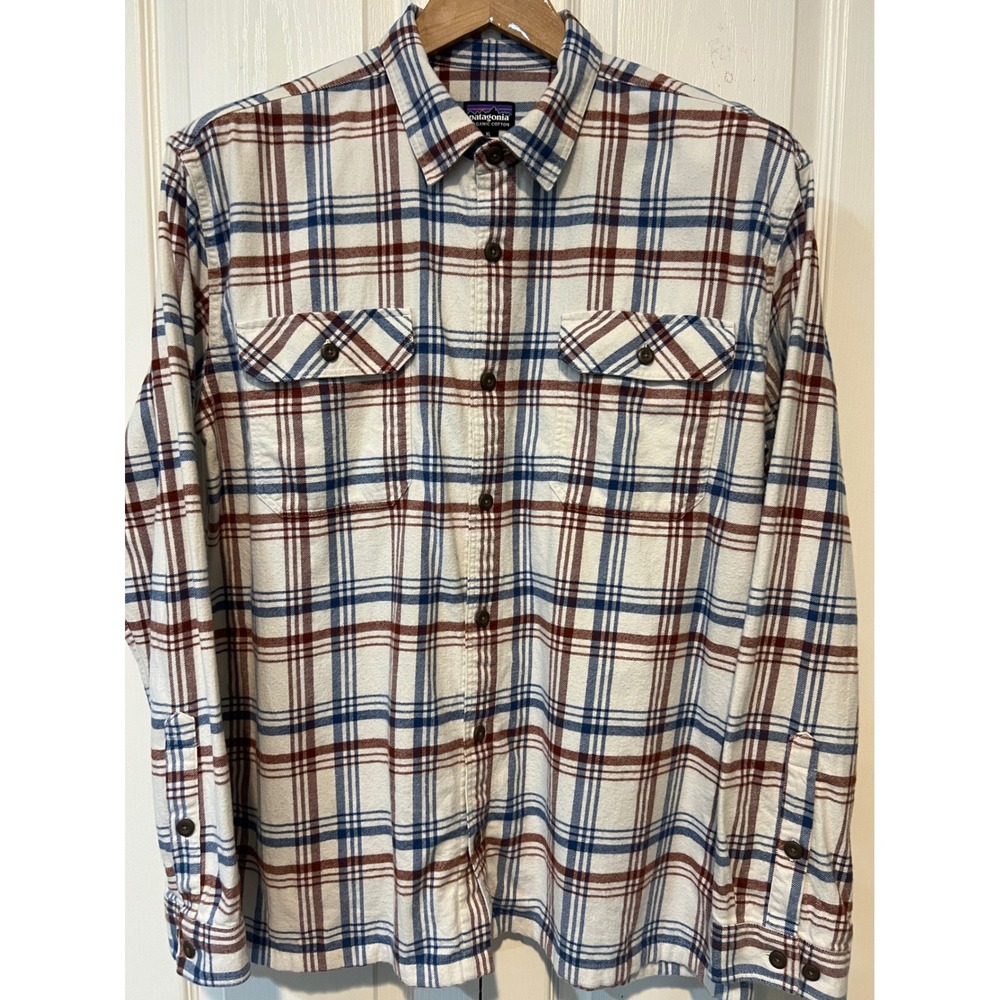 Patagonia Flannel Shirt Mens XL White Blue Brown Plaid Organic Cotton Fjord A24